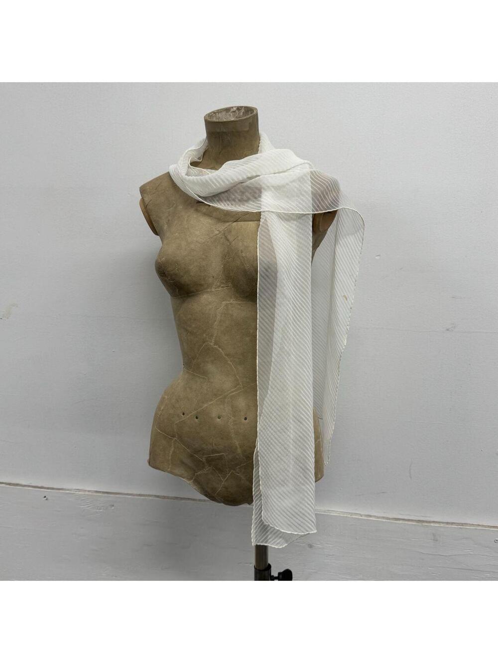 Vintage Semi-Sheer White Accordion Plissé / Crinkle Chiffon Skinny Scarf